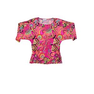 Peter Nygard Pink Psychedelic Floral Batwing Sleeve Ruched Top Size L X131Y2800